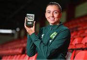 14 July 2023; Republic of Ireland women's national team player Abbie Larkin is pictured during the launch of the Republic of Ireland women's national team commemorative coin at Tolka Park in Dublin. Photo by Seb Daly/Sportsfile