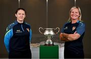 10 July 2023; Terenure Rangers FC's Niamh Carroll, left, and manager Caroline Kelly pose for a portrait at a media conference at the FAI HQ in Dublin ahead of the FAI Women's Amateur Cup Final on Sunday next, 15 July in Eamonn Deasy Park in Galway. Photo by David Fitzgerald/Sportsfile