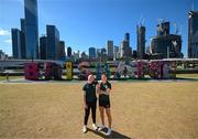 11 July 2023; Republic of Ireland players Amber Barrett, left, and Heather Payne pose for a photograph at South Bank in Brisbane, Australia, ahead of the start of the FIFA Women's World Cup 2023. Photo by Stephen McCarthy/Sportsfile