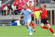 13 July 2023; Mark Connolly of Derry City, left, in action against Hedin Hansen of HB during the UEFA Europa Conference League First Qualifying Round 1st Leg match between HB and Derry City at Gundadalur Stadium in Tórshavn, Faroe Islands. Photo by Kevin Moore/Sportsfile