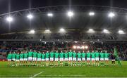 14 July 2023; Ireland players stand for the National Anthem before the U20 Rugby World Cup Final between Ireland and France at Athlone Sports Stadium in Cape Town, South Africa. Photo by Shaun Roy/Sportsfile