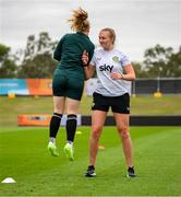 15 July 2023; StatSports analyst Niamh McDaid and Amber Barrett during a Republic of Ireland training session at Meakin Park in Brisbane, Australia, ahead of the start of the FIFA Women's World Cup 2023. Photo by Stephen McCarthy/Sportsfile