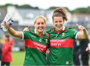 15 July 2023; Kathryn Sullivan, right, and Eilis Ronayne of Mayo celebrate after their side's victory in the TG4 Ladies Football All-Ireland Senior Championship quarter-final match between Galway and Mayo at Pearse Stadium in Galway. Photo by Sam Barnes/Sportsfile