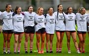 15 July 2023; Cork players, wearing #UnitedForEquality shirts, during the playing of Amhrán na bhFiann before the TG4 Ladies Football All-Ireland Senior Championship quarter-final match between Armagh and Cork at BOX-IT Athletic Grounds in Armagh. Photo by Ben McShane/Sportsfile