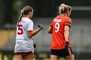 15 July 2023; A view of the #UnitedForEquality on the jerseys of Anna Ryan of Cork and Eve Lavery of Armagh during the TG4 Ladies Football All-Ireland Senior Championship quarter-final match between Armagh and Cork at BOX-IT Athletic Grounds in Armagh. Photo by Ben McShane/Sportsfile
