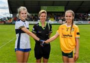 16 July 2023; Captains shake hands in front of referee Angela Gallagher before the LGFA All-Ireland U16 C Championship Final match between Clare and Antrim at Clane in Kildare. Photo by Sam Barnes/Sportsfile