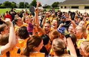 16 July 2023; Antrim players, including Antrim captain Nicole Munce, centre, celebrate with the cup after winning the LGFA All-Ireland U16 C Championship Final match between Clare and Antrim at Clane in Kildare. Photo by Sam Barnes/Sportsfile