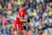 16 July 2023; Shane McGuigan of Derry celebrates a score during the GAA Football All-Ireland Senior Championship Semi-Final match between Derry and Kerry at Croke Park in Dublin. Photo by David Fitzgerald/Sportsfile