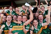 16 July 2023; Kerry captain Mary Kate Smith and her team-mates celebrate with the cup following the 2023 All-Ireland U16 Ladies Football B Final match between Kerry and Sligo at Duggan Park, Ballinasloe, Galway. Photo by Tom Beary/Sportsfile