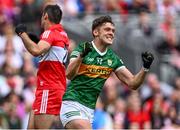 16 July 2023; David Clifford of Kerry celebrates scoring a late point during the GAA Football All-Ireland Senior Championship Semi-Final match between Derry and Kerry at Croke Park in Dublin. Photo by Piaras Ó Mídheach/Sportsfile