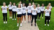 17 July 2023; Players, from left, Karen Kennedy of Tipperary, Sinéad O'Keeffe of Clare, Jane Horan of Roscommon, Laura Greene of Kilkenny, Anne Corcoran of Waterford, Fiona Keating of Westmeath, Megan Dowdall of Westmeath, Ellen Burke of Meath, Jennifer Curry of Armagh, Aoife McLoughney of Tipperary, Áine McGill of Derry, Amy O'Connor of Cork and Marie Cooney of Galway wearing #UnitedForEquality t-shirts at an event organised by players at the Radisson Blu at Dublin Airport ahead of the upcoming All-Ireland Championships semi-finals. Photo by Piaras Ó Mídheach/Sportsfile