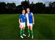 17 July 2023; Grassroots is where it all started for Republic of Ireland WNT players. The connection with their first clubs has never been lost on the WNT players as they continue preparations for the FIFA Women’s World Cup 2023 – their first ever major tournament. It is why 15 of the 26 players in Australia pulled on jerseys from their former clubs ahead of their training session at Meakin Park in Brisbane, Australia. Pictured are Denise O’Sullivan wearing the jersey of Wilton United and Megan Connolly wearing the jersey of College Corinthians AFC. Photo by Stephen McCarthy/Sportsfile