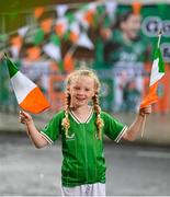 19 July 2023; Republic of Ireland supporter Alba McCauley, age 6, in Ringsend, Dublin, ahead of the Republic of Ireland opening game of the FIFA Women's World Cup 2023 against Australia at Stadium Australia in Sydney, Australia. Photo by David Fitzgerald/Sportsfile