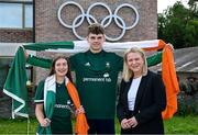 20 July 2023; The Permanent TSB flagbearers for Team Ireland at the European Youth Olympic Festival in Slovenia have been announced. Pictured are flagbearers Cian Crampton and Aliyah Rafferty with Permanent TSB head of corporate affairs and communications Leontia Fannin. The 2023 Summer European Youth Olympic Festival takes place from 23rd to 29th July in Maribor, Slovenia and Team Ireland will have a team of 44 athletes competing across 5 sports. Photo by Brendan Moran/Sportsfile