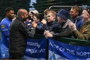 21 July 2023; Finn Harps manager Dave Rogers with supporters after the Sports Direct Men’s FAI Cup First Round match between Kilbarrack United and Finn Harps at White Heart Lane in Kilbarrack, Dublin. Photo by David Fitzgerald/Sportsfile