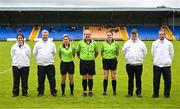 22 July 2023; Referee Ciarán Groome with officials before the TG4 LGFA All-Ireland Junior Championship semi-final match between Limerick and Fermanagh at Glennon Brothers Pearse Park in Longford. Photo by David Fitzgerald/Sportsfile