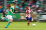 22 July 2023; William Armshaw of Treaty United in action against Cian Coleman of Cork City during the Sports Direct Men’s FAI Cup First Round match between Treaty United and Cork City at Markets Field in Limerick. Photo by Michael P Ryan/Sportsfile