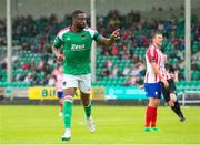 22 July 2023; Tunde Owolabi of Cork City celebrates after scoring his side's second goal during the Sports Direct Men’s FAI Cup First Round match between Treaty United and Cork City at Markets Field in Limerick. Photo by Michael P Ryan/Sportsfile