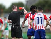 22 July 2023; Darren Nwankwo of Treaty United is shown a red card by referee Damien MacGraith during the Sports Direct Men’s FAI Cup First Round match between Treaty United and Cork City at Markets Field in Limerick. Photo by Michael P Ryan/Sportsfile
