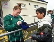 23 July 2023; Mary Waldron of Ireland signs a hat for a supporter before the Certa Women’s One Day International Challenge match between Ireland and Australia at Castle Avenue Cricket Ground in Dublin. Photo by Seb Daly/Sportsfile