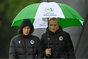23 July 2023; Ireland players Orla Prendergast and Gaby Lewis before the abandoned Certa Women’s One Day International Challenge match between Ireland and Australia at Castle Avenue Cricket Ground in Dublin. Photo by Seb Daly/Sportsfile