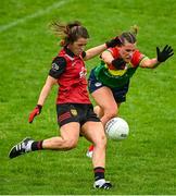 23 July 2023; Natasha Ferris of Down in action against Anne Roche of Carlow during the TG4 LGFA All-Ireland Junior Championship semi-final match between Down and Carlow at Parnell Park in Dublin. Photo by Eóin Noonan/Sportsfile