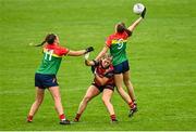 23 July 2023; Roisin Bailey of Carlow in action against Meghan Doherty of Down during the TG4 LGFA All-Ireland Junior Championship semi-final match between Down and Carlow at Parnell Park in Dublin. Photo by Eóin Noonan/Sportsfile