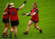 23 July 2023; Paige Smyth of Down, right, celebrates with teammates after the TG4 LGFA All-Ireland Junior Championship semi-final match between Down and Carlow at Parnell Park in Dublin. Photo by Eóin Noonan/Sportsfile