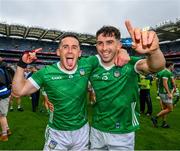 23 July 2023; Darragh O'Donovan, left and Aaron Gillane of Limerick celebrate after the GAA Hurling All-Ireland Senior Championship final match between Kilkenny and Limerick at Croke Park in Dublin. Photo by Ray McManus/Sportsfile