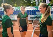 23 July 2023; Ireland coach Cliona Walsh, centre, speaks to Lydia Brennan of Ireland, left, and teammate Jennifer Marsh during the 2023 Summer European Youth Olympic Festival at the Branik Tennis Club in Maribor, Slovenia. Photo by Tyler Miller/Sportsfile