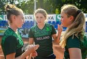 23 July 2023; Ireland coach Cliona Walsh, centre, speaks to Lydia Brennan of Ireland, left, and teammate Jennifer Marsh during the 2023 Summer European Youth Olympic Festival at the Branik Tennis Club in Maribor, Slovenia. Photo by Tyler Miller/Sportsfile