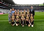 23 July 2023; The Kilkenny team, back row, left to right, Brian Crawford, St Corbans NS, Naas, Kildare, Peadar Lambe, Scoil Mhuire Marino, Droim Conrach, Ath Cliath, Daniel Gleeson, St Damian's, Perrystown, Dublin, Billy O'Donovan, Sacred Heart NS, Ballygall, Dublin, James Walsh, St Laurence's NS, Blackrock, Ath Cliath, front row, left to right, Sam Norton, St Canice's Co-Ed NS, Kilkenny, Fionn Delaney, Holy Family Senior, Portlaoise, Laois, Conor Mahon, Carrig NS, Birr, Offaly, Simon Lynch, St Joseph's, Glenealy, Wicklow, Timothy Sheridan, Ballinalee NS, Ballinalee, Longford, with INTO President Dorothy McGinley, Uachtarán an Cumann Camógaíochta Hilda Breslin, and Uachtarán Chumann Lúthchleas Gael Larry McCarthy, ahead of the INTO Cumann na mBunscol GAA Respect Exhibition Go Games at the GAA Hurling All-Ireland Senior Championship final match between Kilkenny and Limerick at Croke Park in Dublin. Photo by Daire Brennan/Sportsfile