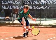 23 July 2023; Eoghan Jennings of Ireland in action against Tomass Reinis Dalderis of Latvia in the Boys Singles Round 1 during 2023 Summer European Youth Olympic Festival at the Branik Tennis Club in Maribor, Slovenia. Photo by Tyler Miller/Sportsfile
