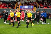 23 July 2023; Referee Robert Dowling and his assistants lead out the players before the 2023 AVENIR Sports All-Island Cup final match between Cliftonville and Galway United at The Showgrounds in Sligo. Photo by Michael P Ryan/Sportsfile