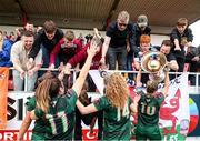 23 July 2023; Galway United players celebrate with supporters after the 2023 AVENIR Sports All-Island Cup final match between Cliftonville and Galway United at The Showgrounds in Sligo. Photo by Michael P Ryan/Sportsfile