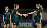 25 July 2023; Katie McCabe with Megan Connolly, right, and Denise O'Sullivan, left, during a Republic of Ireland training session at Dorrien Gardens in Perth, Australia, ahead of their second Group B match of the FIFA Women's World Cup 2023, against Canada. Photo by Stephen McCarthy/Sportsfile