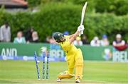 25 July 2023; Ashleigh Gardner of Australia is bowled by Georgina Dempsey of Ireland during match two of the Certa Women’s One Day International Challenge between Ireland and Australia at Castle Avenue in Dublin. Photo by Sam Barnes/Sportsfile