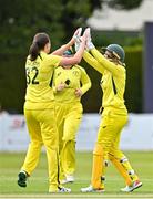 25 July 2023; Tahlia McGrath, left, and Alyssa Healy of Australia celebrate the wicket of Orla Prendergast of Ireland during match two of the Certa Women’s One Day International Challenge between Ireland and Australia at Castle Avenue in Dublin. Photo by Sam Barnes/Sportsfile