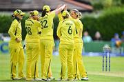 25 July 2023; Ashleigh Gardner of Australia, right, celebrates with team-mates after bowling Gaby Lewis of Ireland leg before wicket during match two of the Certa Women’s One Day International Challenge between Ireland and Australia at Castle Avenue in Dublin. Photo by Sam Barnes/Sportsfile