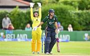 25 July 2023; Gaby Lewis of Ireland reacts as Australia wicketkeeper Alyssa Healy appeals for LBW during match two of the Certa Women’s One Day International Challenge between Ireland and Australia at Castle Avenue in Dublin. Photo by Sam Barnes/Sportsfile