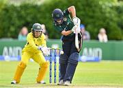 25 July 2023; Gaby Lewis of Ireland is bowled leg before wicket as Australia wicketkeeper Alyssa Healy looks on during match two of the Certa Women’s One Day International Challenge between Ireland and Australia at Castle Avenue in Dublin. Photo by Sam Barnes/Sportsfile
