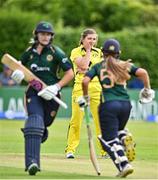 25 July 2023; Georgia Wareham of Australia reacts to a delivery during match two of the Certa Women’s One Day International Challenge between Ireland and Australia at Castle Avenue in Dublin. Photo by Sam Barnes/Sportsfile