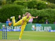 25 July 2023; Georgia Wareham of Australia bowls during match two of the Certa Women’s One Day International Challenge between Ireland and Australia at Castle Avenue in Dublin. Photo by Sam Barnes/Sportsfile