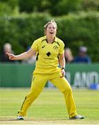 25 July 2023; Georgia Wareham of Australia celebrates after bowling Laura Delany of Ireland during match two of the Certa Women’s One Day International Challenge between Ireland and Australia at Castle Avenue in Dublin. Photo by Sam Barnes/Sportsfile