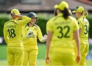 25 July 2023; Alyssa Healy of Australia, second from left, celebrates with team-mates after stumping out Georgina Dempsey of Ireland during match two of the Certa Women’s One Day International Challenge between Ireland and Australia at Castle Avenue in Dublin. Photo by Sam Barnes/Sportsfile