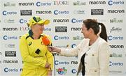 25 July 2023; Alyssa Healy of Australia is interviewed by Isobel Joyce after match two of the Certa Women’s One Day International Challenge between Ireland and Australia at Castle Avenue in Dublin. Photo by Sam Barnes/Sportsfile