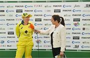 25 July 2023; Alyssa Healy of Australia is interviewed by Isobel Joyce after match two of the Certa Women’s One Day International Challenge between Ireland and Australia at Castle Avenue in Dublin. Photo by Sam Barnes/Sportsfile