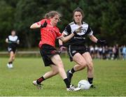 27 July 2023; Jaclyn Halliday of Canada in action against Annaig Flaux during day four of the FRS Recruitment GAA World Games 2023 at the Owenbeg Centre of Excellence in Dungiven, Derry. Photo by Piaras Ó Mídheach/Sportsfile