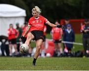 27 July 2023; Erin Loughnane of Canada in action against Brittany during day four of the FRS Recruitment GAA World Games 2023 at the Owenbeg Centre of Excellence in Dungiven, Derry. Photo by Piaras Ó Mídheach/Sportsfile