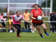 27 July 2023; Sarah Batley of Canada in action against Anne-Gabrielle Chiras of Brittany during day four of the FRS Recruitment GAA World Games 2023 at the Owenbeg Centre of Excellence in Dungiven, Derry. Photo by Piaras Ó Mídheach/Sportsfile